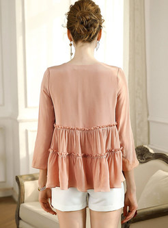 Pink Stylish Splicing Pleated Blouse 