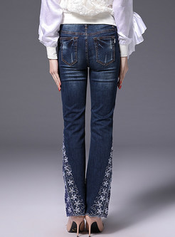 Lace Embroidered Slim Denim Flare Pants