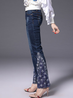 Lace Embroidered Slim Denim Flare Pants