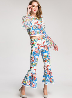 Vintage Floral Print Flare Sleeve Two-piece Outfits