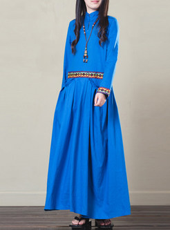 Blue Vintage Embroidered Splicing Maxi Dress