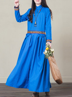 Blue Vintage Embroidered Splicing Maxi Dress