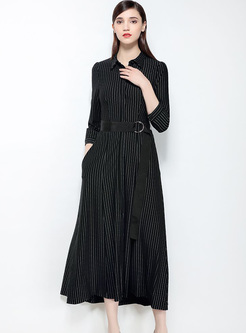 Black Vertical Striped Lapel Maxi Dress