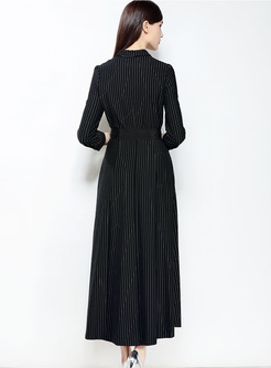 Black Vertical Striped Lapel Maxi Dress