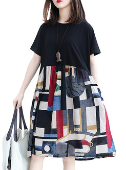Brief Color-blocked Stitching Short Sleeve Shift Dress