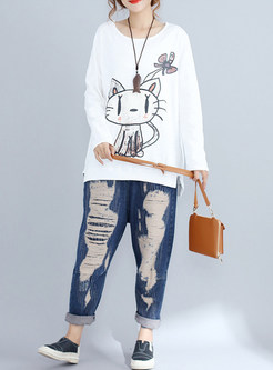 White Cat Design Print Slit T-shirt