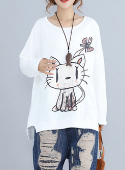 White Cat Design Print Slit T-shirt