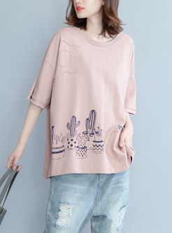 Pink Cotton Print Loose T-shirt