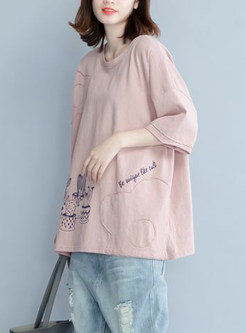 Pink Cotton Print Loose T-shirt