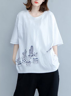 White Print Half Sleeve T-shirt