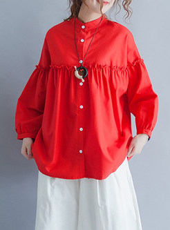 Red Splicing Long Sleeve Blouse