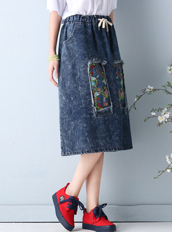 Blue Elastic Waist Embroidered Denim A-line Skirt