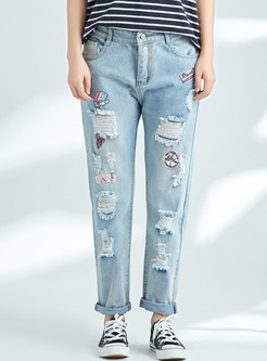 Blue Hole Patchwork Embroidered Straight Pants