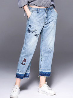 Blue Letter Embroidered Denim Straight Pants