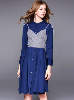 Blue Brief Stand Collar Dress With Vest