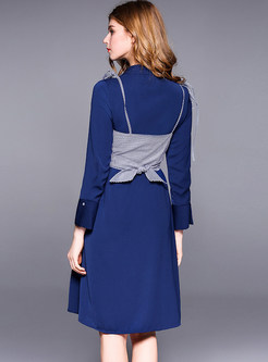 Blue Brief Stand Collar Dress With Vest