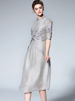 Grey Vintage Embroidery Stand Collar Shift Dress