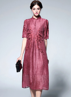 Red Vintage Embroidery Stand Collar Shift Dress