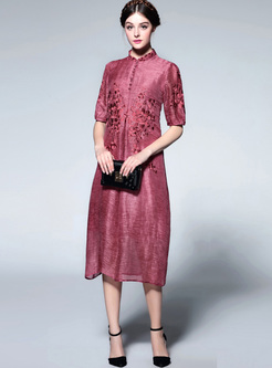Red Vintage Embroidery Stand Collar Shift Dress