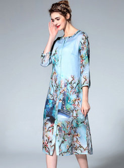 Chic Floral Print O-neck Straight Coat