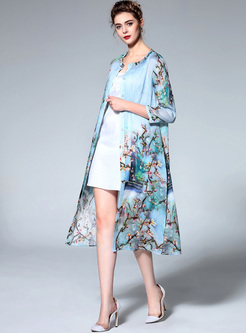 Chic Floral Print O-neck Straight Coat
