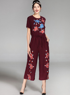 Red Waist Embroidery Wide Leg Jumpsuits