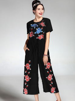 Black Embroidery Wide Leg Jumpsuits