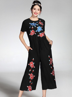 Black Embroidery Wide Leg Jumpsuits