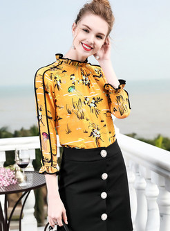 Yellow Floral Print Stand Collar Blouse