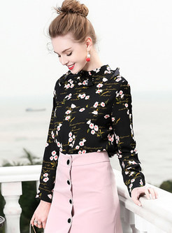 Black Floral Print Stand Collar Blouse