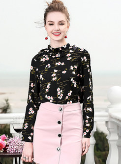 Black Floral Print Stand Collar Blouse
