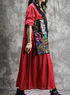 Red Ethnic Embroidered V-neck Coat