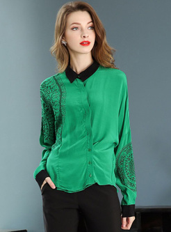 Green Lapel Embroidery Loose Blouse