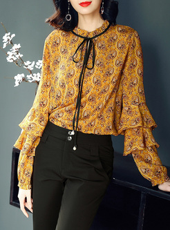 Chic Print Layered Flare Sleeve Blouse