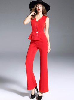 Red Slim Sleeveless V-neck Jumpsuits