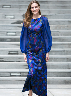 Elegant Lantern Sleeve Jacquard Slim Maxi Dress