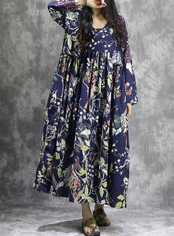 Blue Floral Print V-neck Maxi Dress