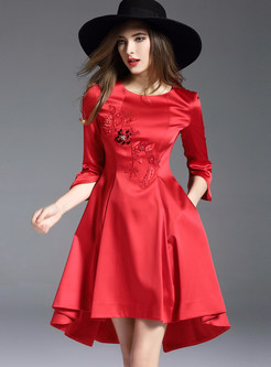 Red Nail Bead Sequins Asymmetric Dress