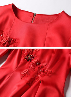 Red Nail Bead Sequins Asymmetric Dress