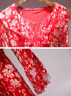 Floral Print Flare Sleeve Silk Romper