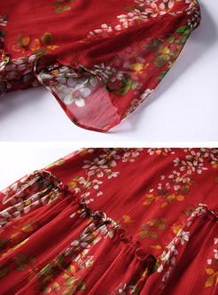 Red Floral Print Short Sleeve Shift Dress