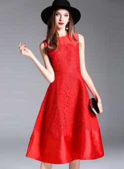 Red Lace Sleeveless Slim Skater Dress