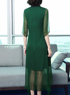 Green Vintage Silk Asymmetric Shift Dress