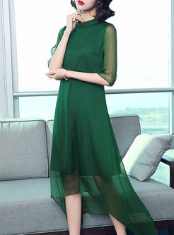 Green Vintage Silk Asymmetric Shift Dress
