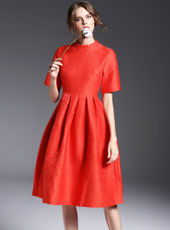 Red Half Sleeve High Waist A-line Dress