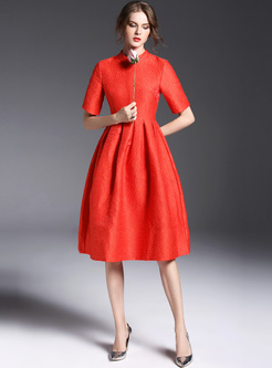 Red Half Sleeve High Waist A-line Dress