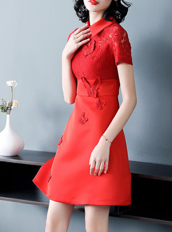 Party Lapel Stereoscopic Butterfly Skater Dress