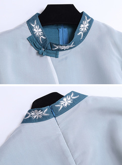 Vintage Embroidery Stand Collar Shift Dress