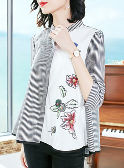 Chic Embroidery Striped Loose Blouse