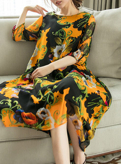 Silk Casual Flower Print Shift Dress